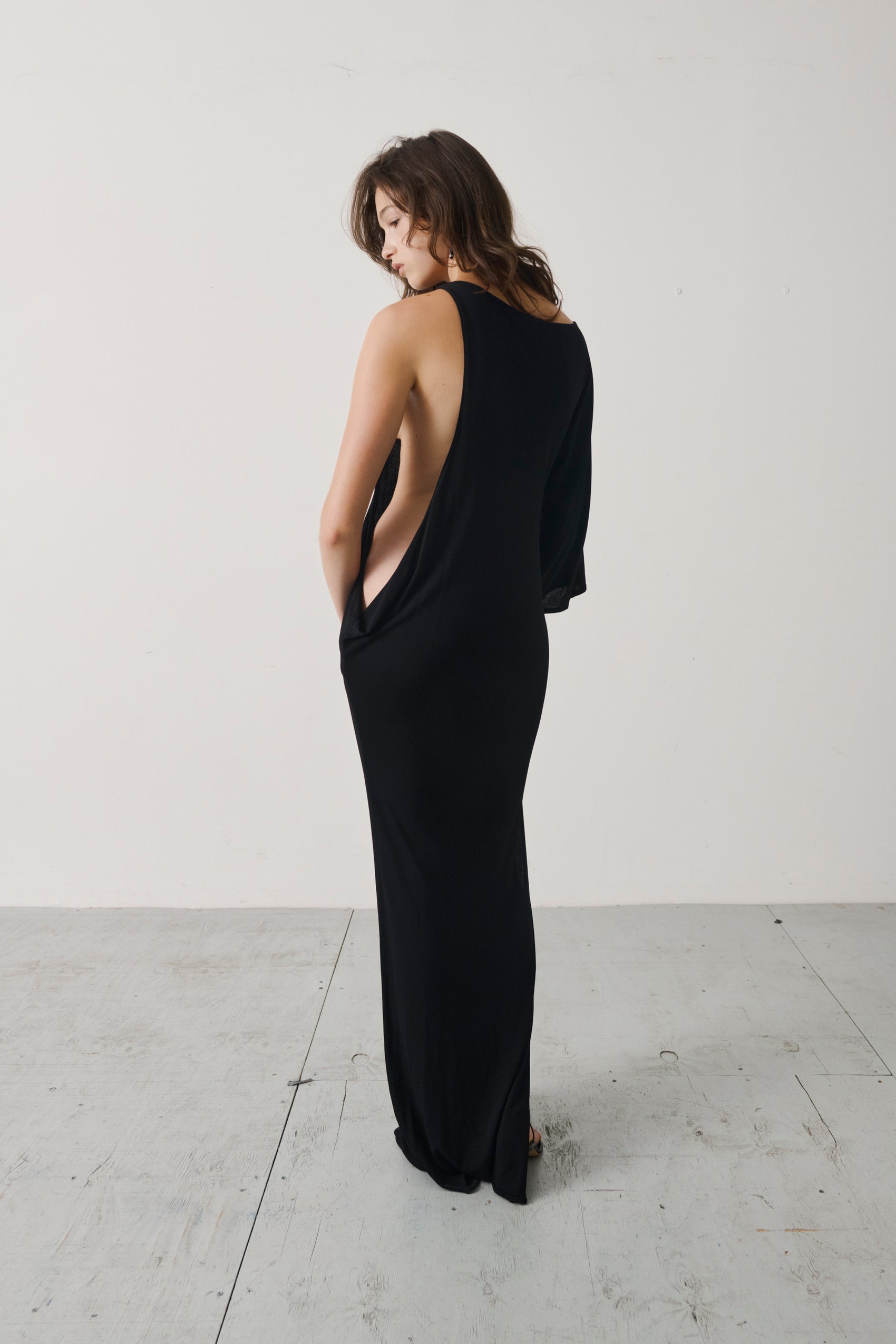 Late 1990s Gianni Versace Black Asymmetric Draped Evening Gown