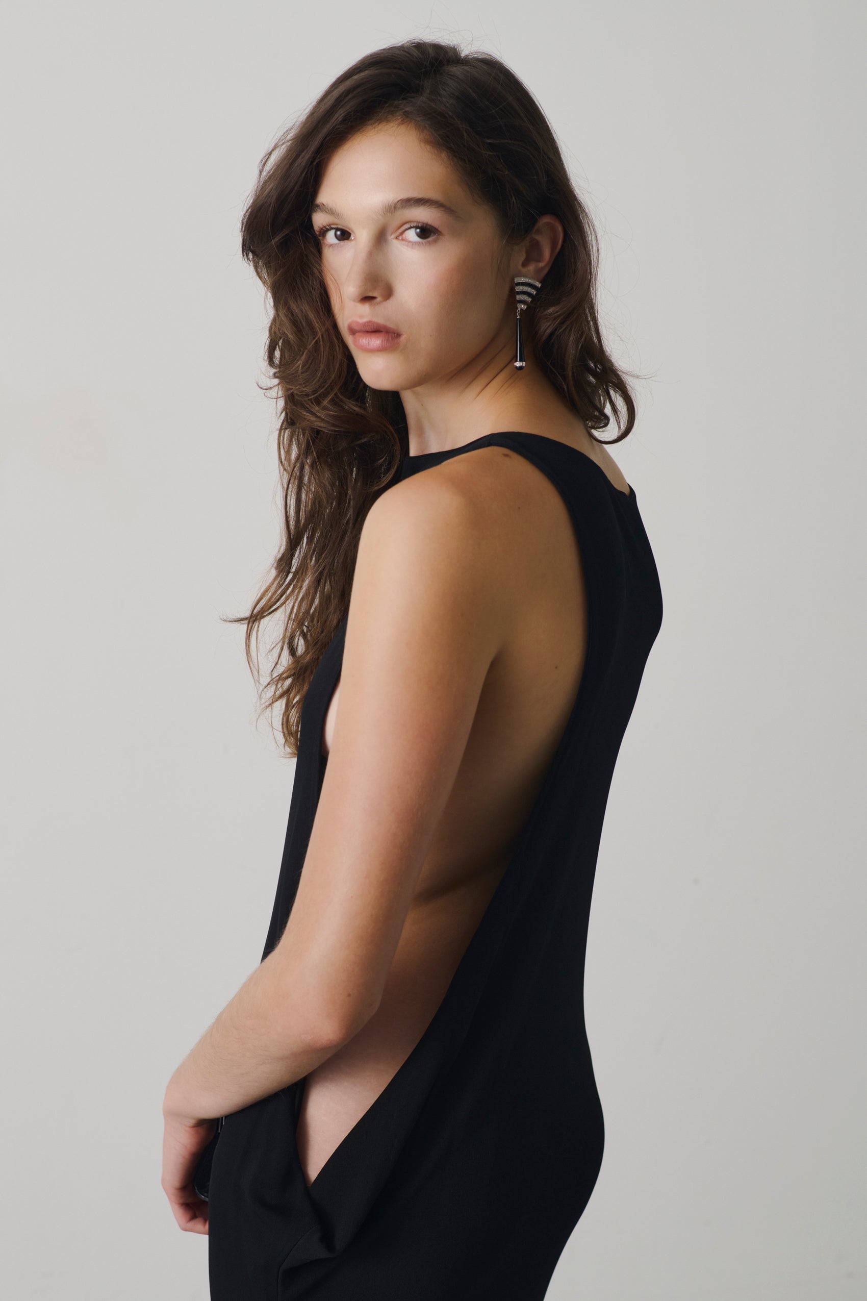 Late 1990s Gianni Versace Black Asymmetric Draped Evening Gown