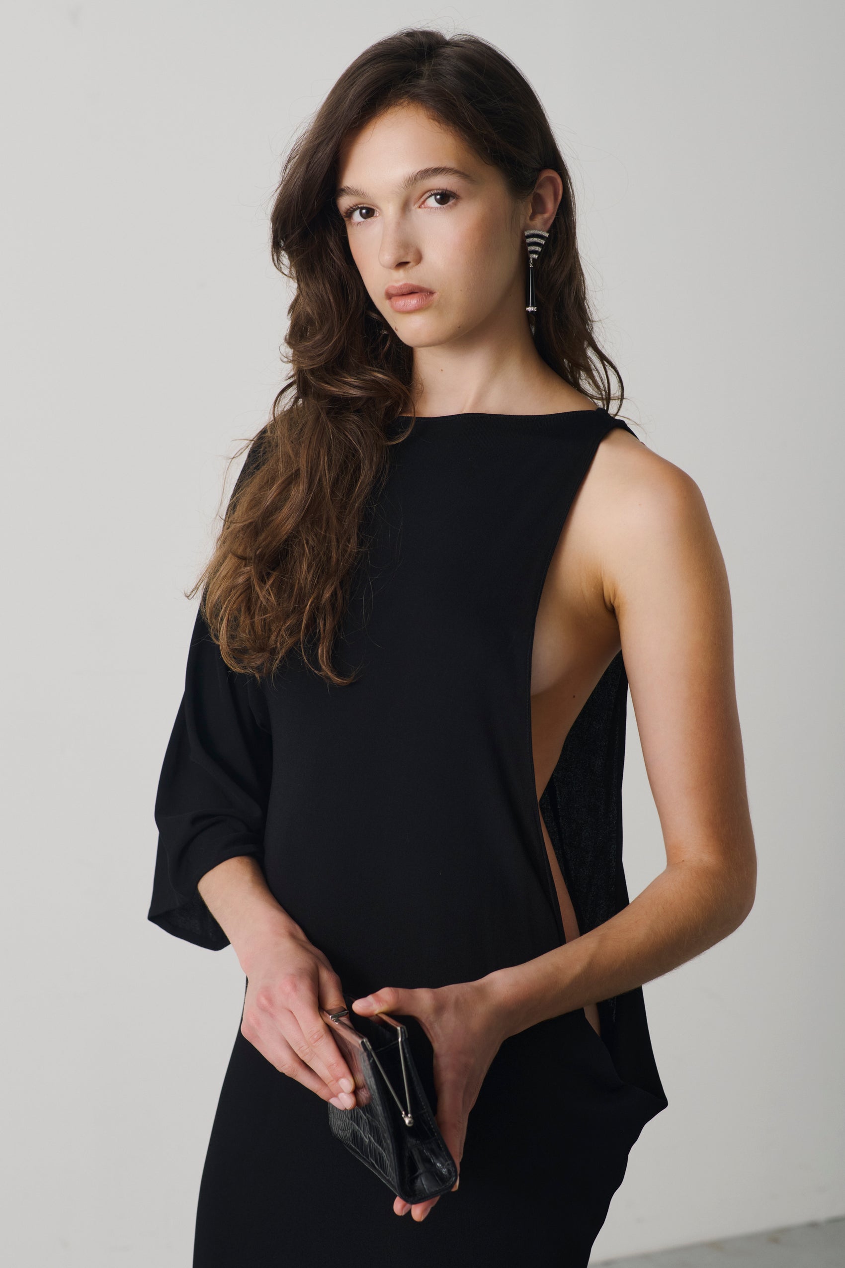 Late 1990s Gianni Versace Black Asymmetric Draped Evening Gown