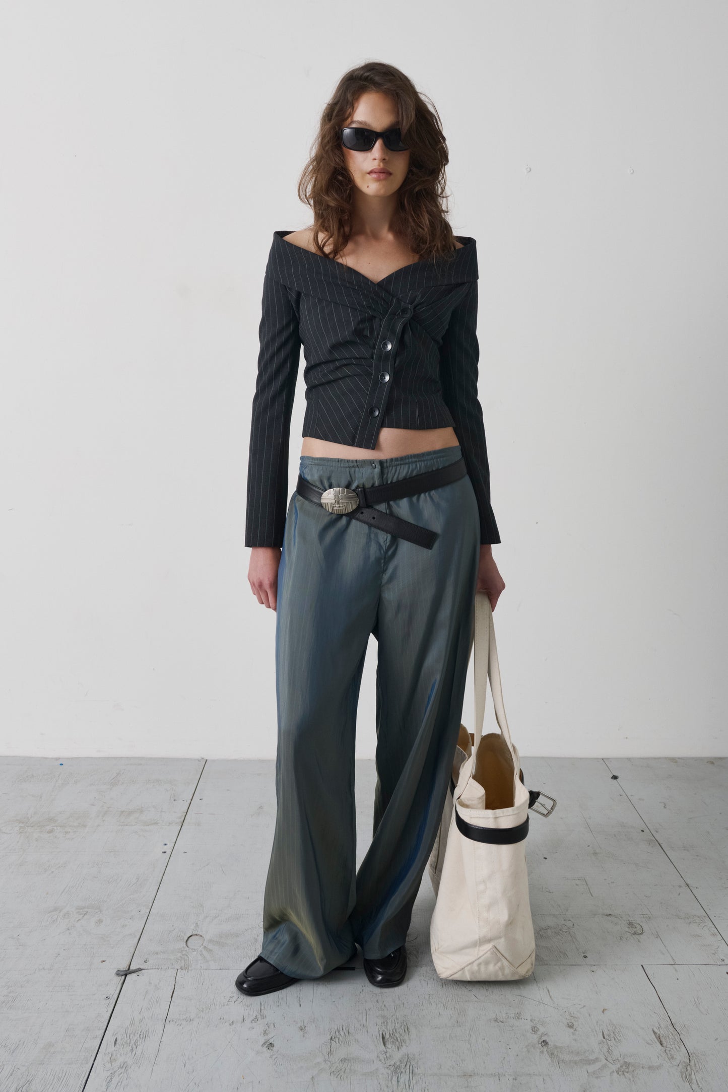 Vintage Asymmetrical Pinstripe Off-Shoulder Draped Corset Top