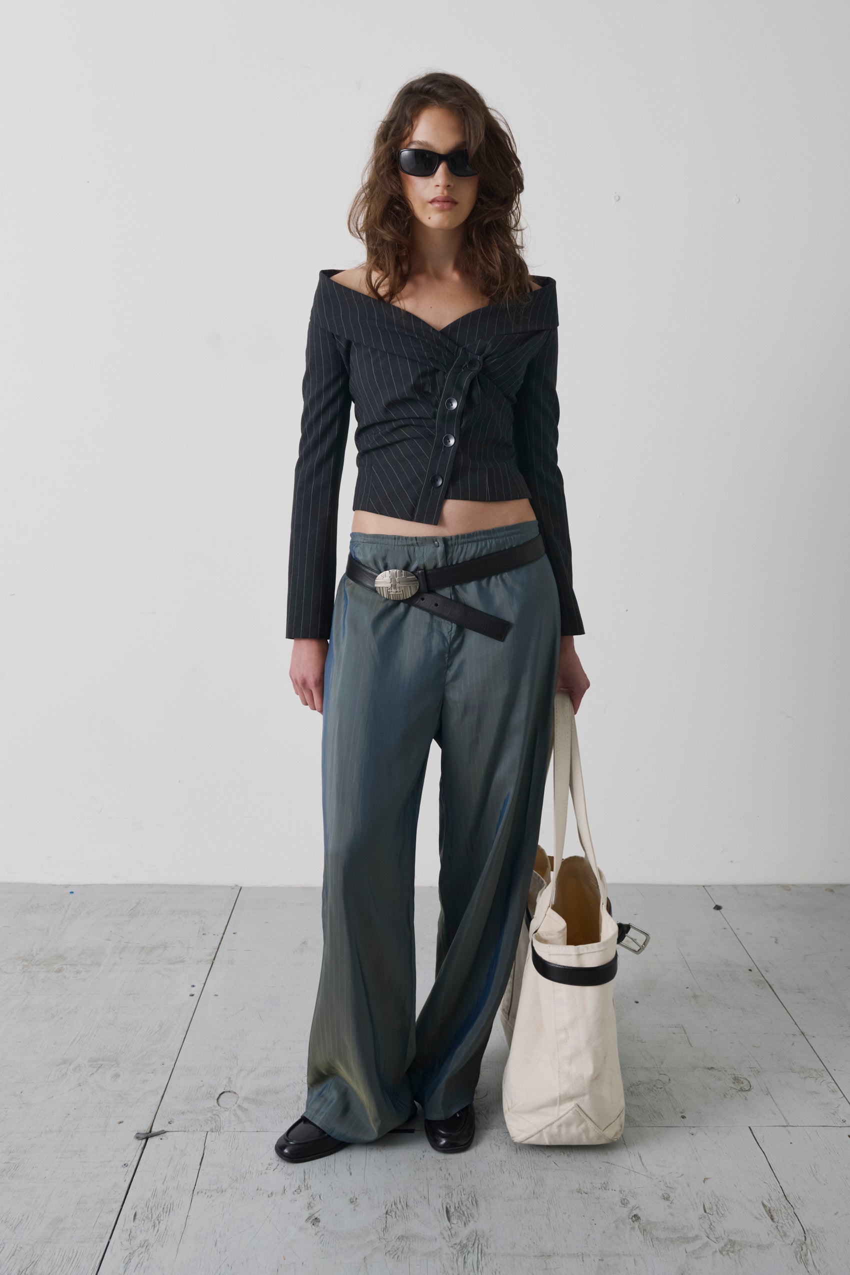 Vintage Asymmetrical Pinstripe Off-Shoulder Draped Corset Top