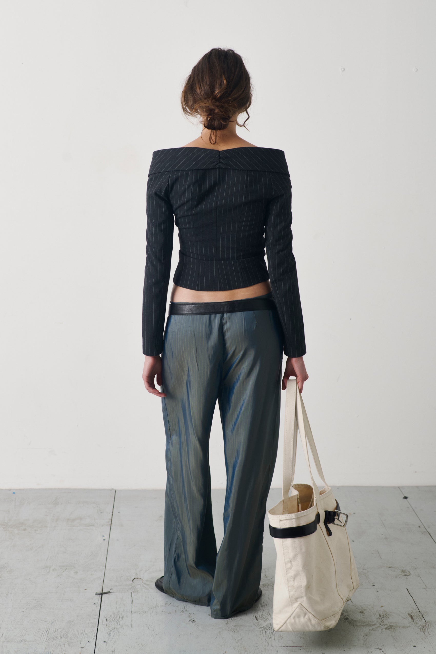 Vintage Asymmetrical Pinstripe Off-Shoulder Draped Corset Top