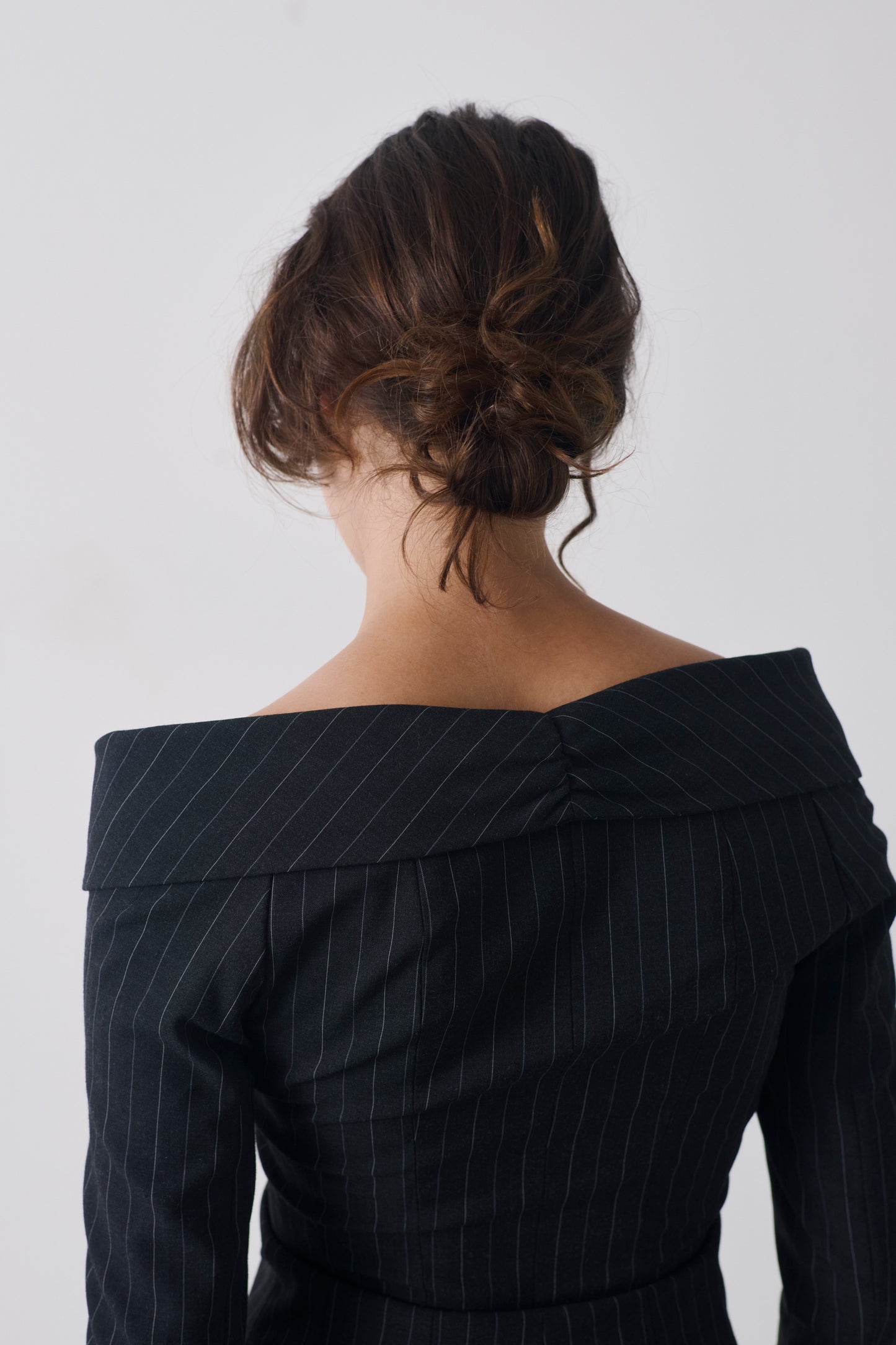 Vintage Asymmetrical Pinstripe Off-Shoulder Draped Corset Top