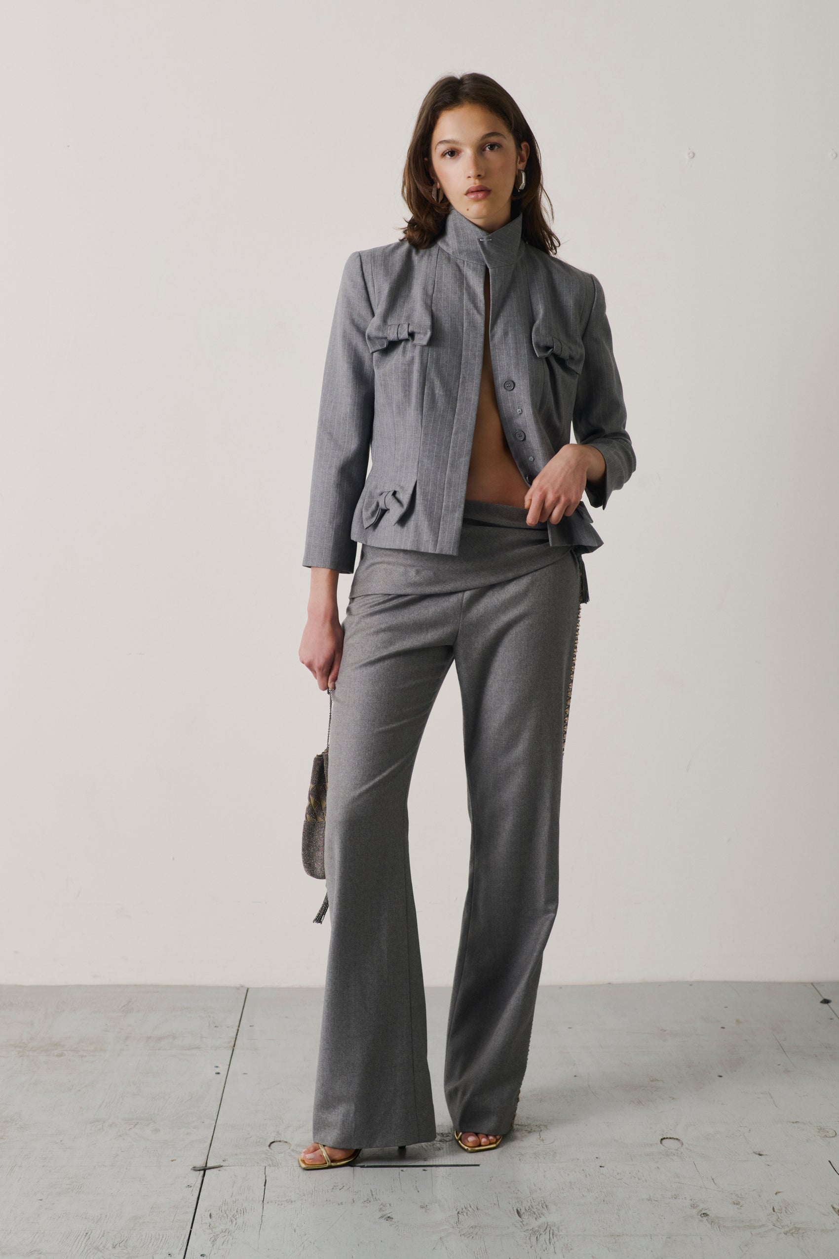 Valentino Charcoal Drape-Waist Trousers with Jeweled Tassel Brooch