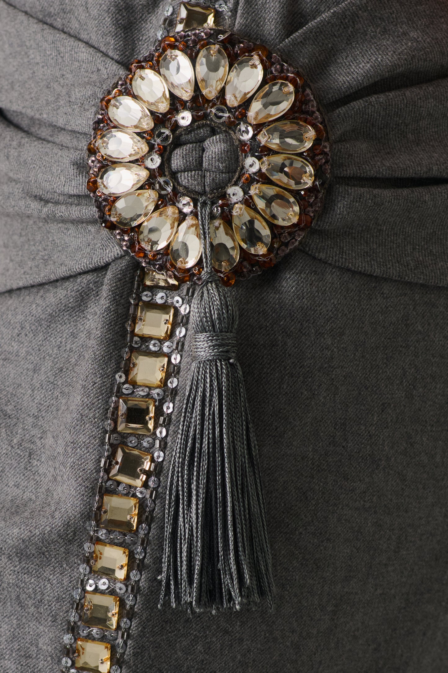 Valentino Charcoal Drape-Waist Trousers with Jeweled Tassel Brooch