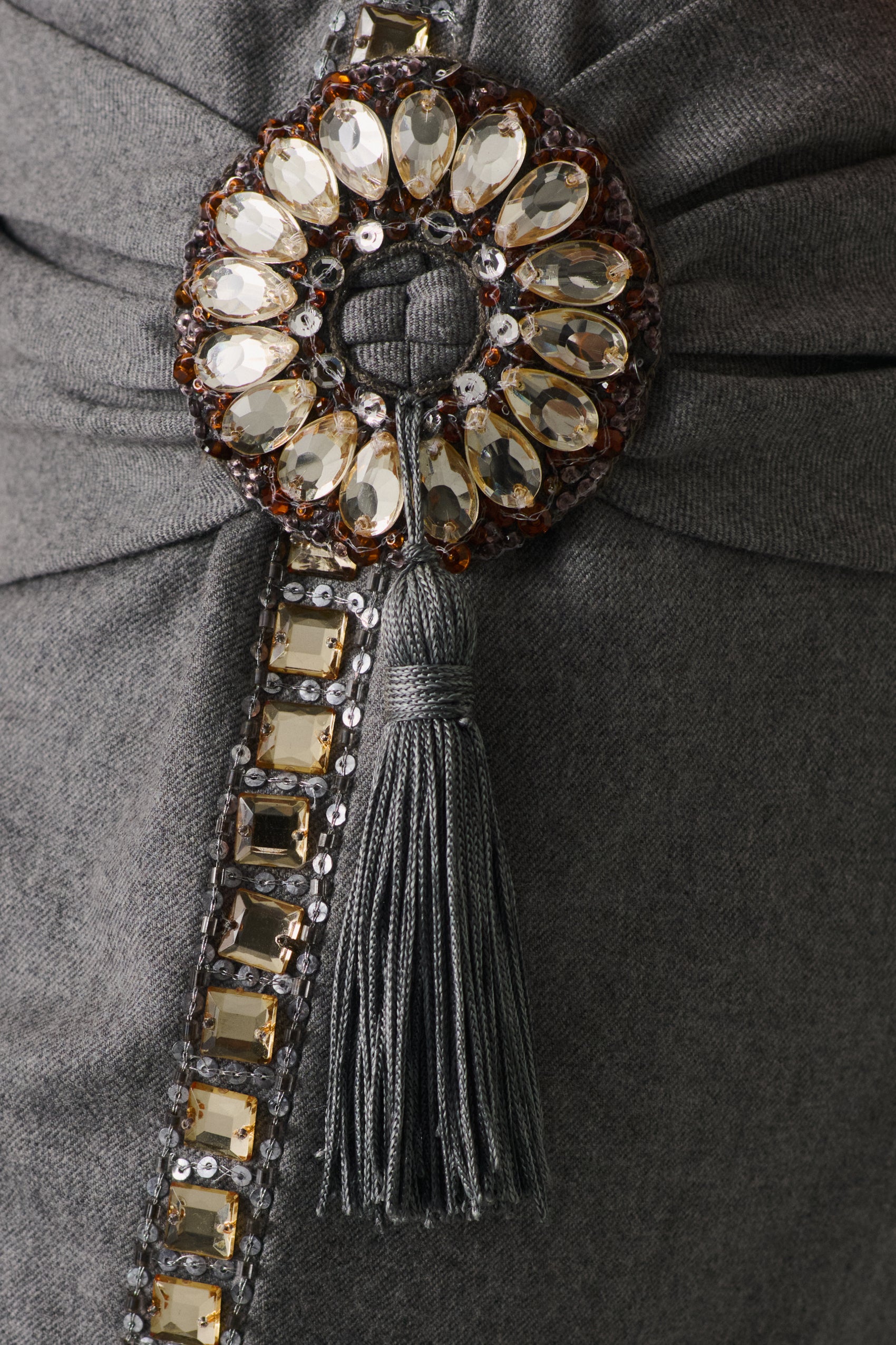 Valentino Charcoal Drape-Waist Trousers with Jeweled Tassel Brooch