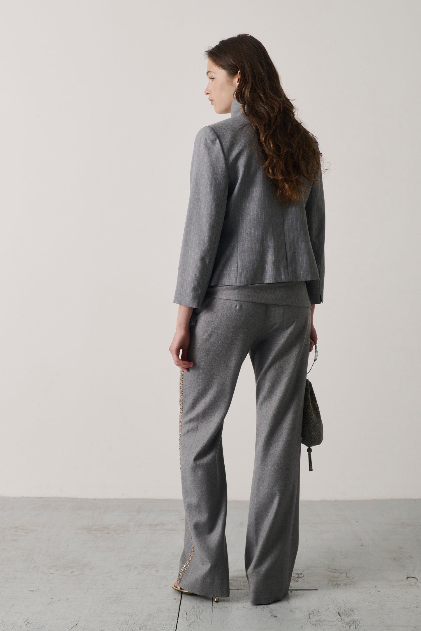 Valentino Charcoal Drape-Waist Trousers with Jeweled Tassel Brooch