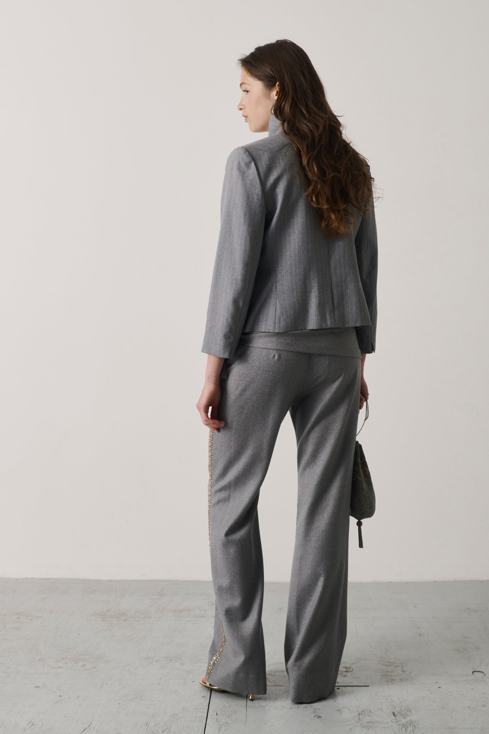 Valentino Charcoal Drape-Waist Trousers with Jeweled Tassel Brooch