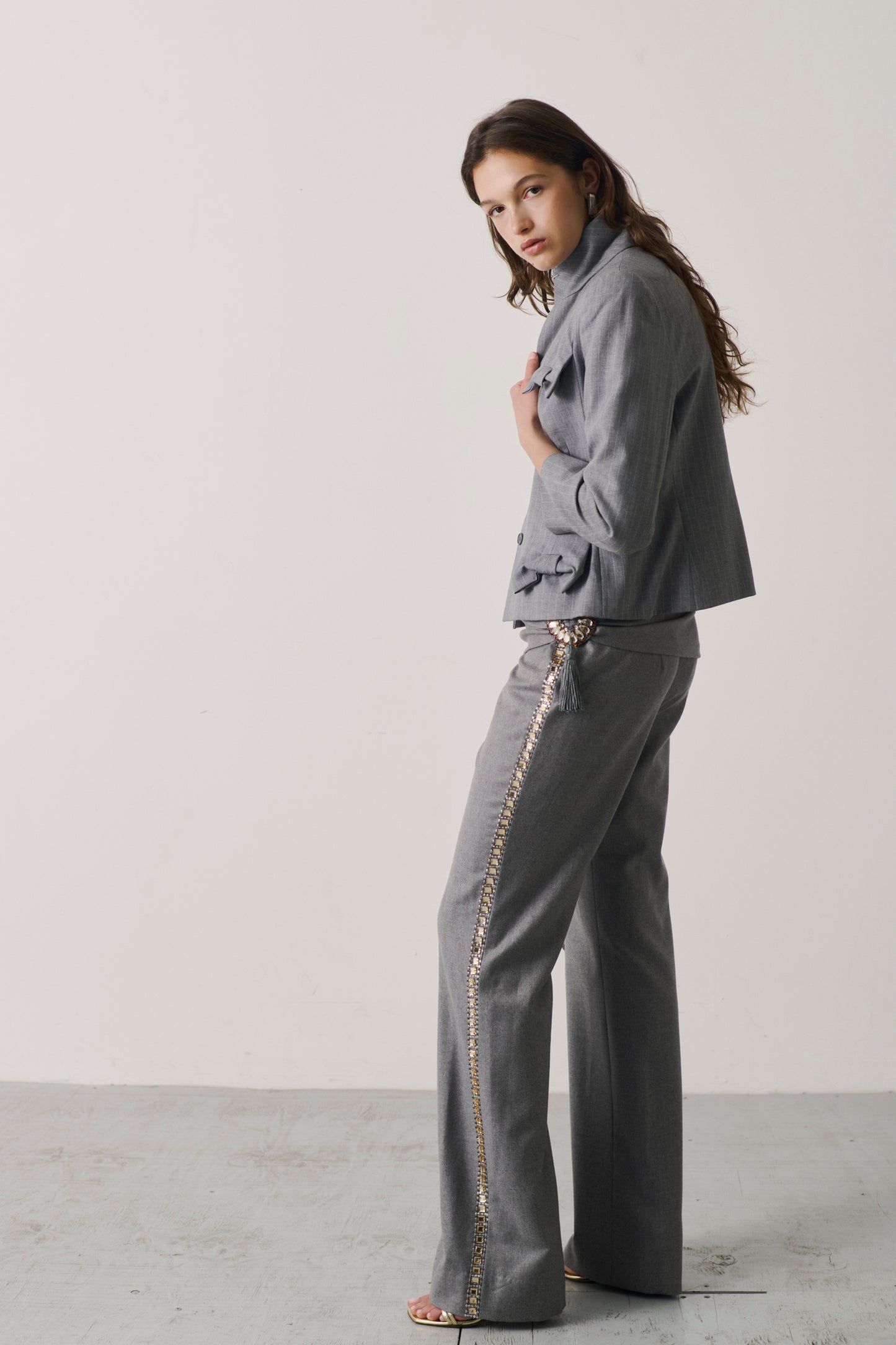 Valentino Charcoal Drape-Waist Trousers with Jeweled Tassel Brooch