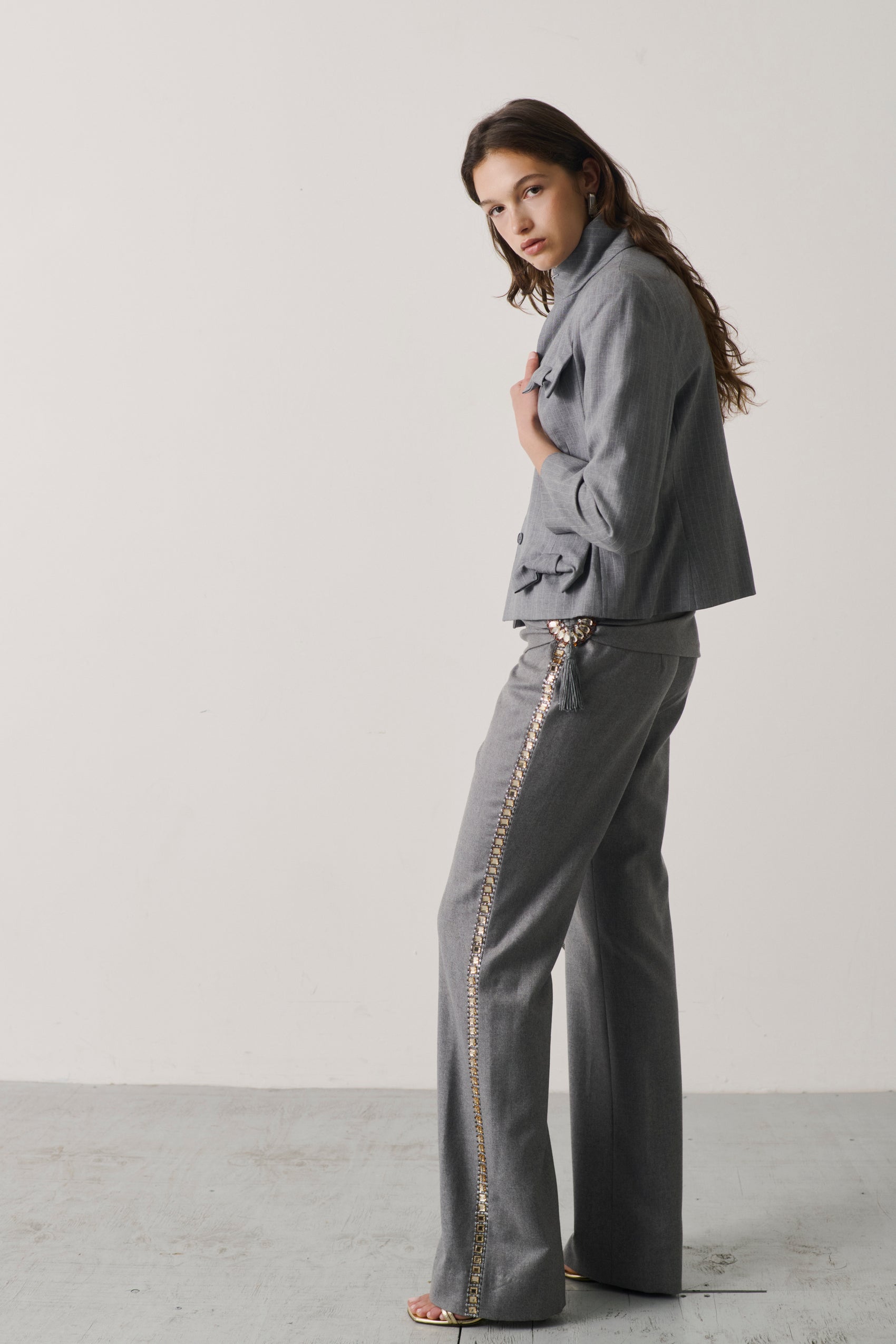 Valentino Charcoal Drape-Waist Trousers with Jeweled Tassel Brooch