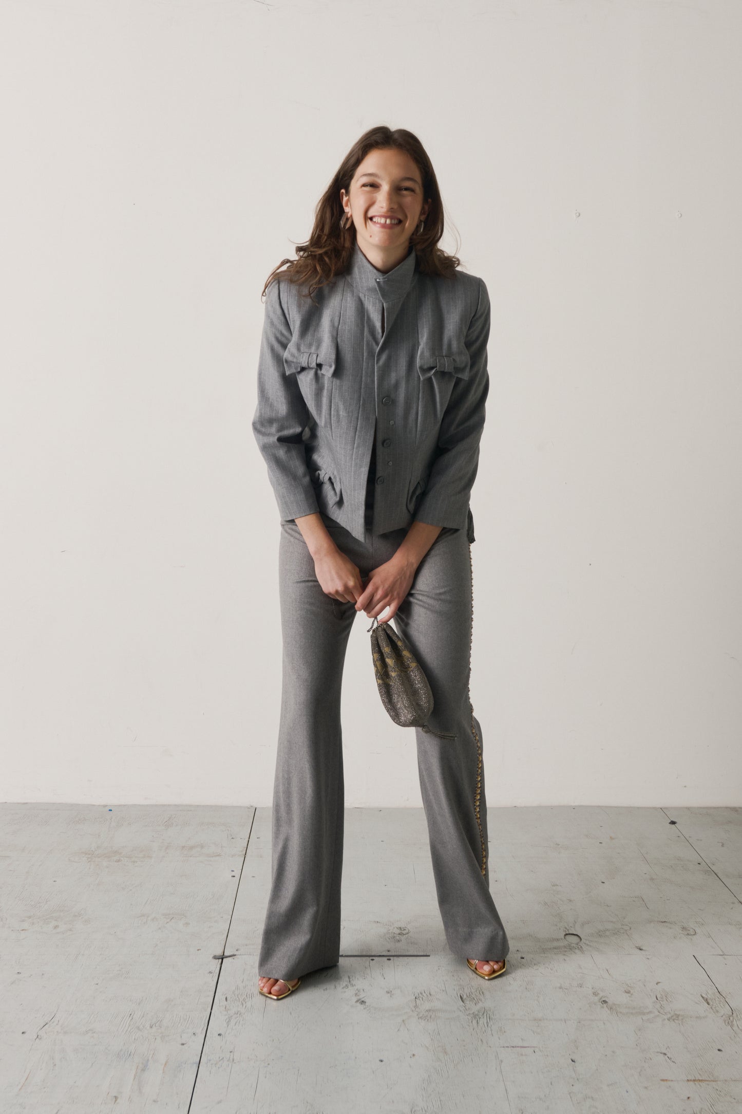 Valentino Charcoal Drape-Waist Trousers with Jeweled Tassel Brooch