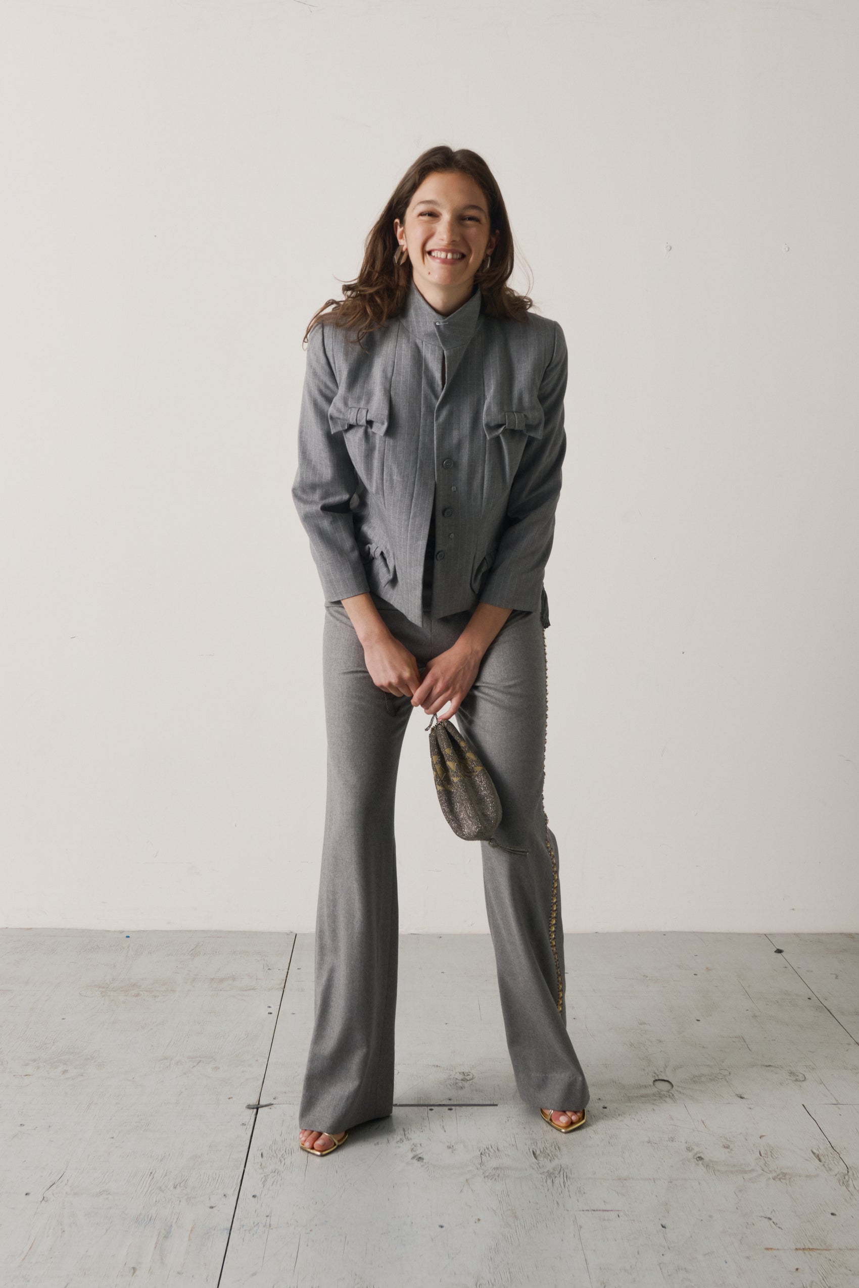 Valentino Charcoal Drape-Waist Trousers with Jeweled Tassel Brooch