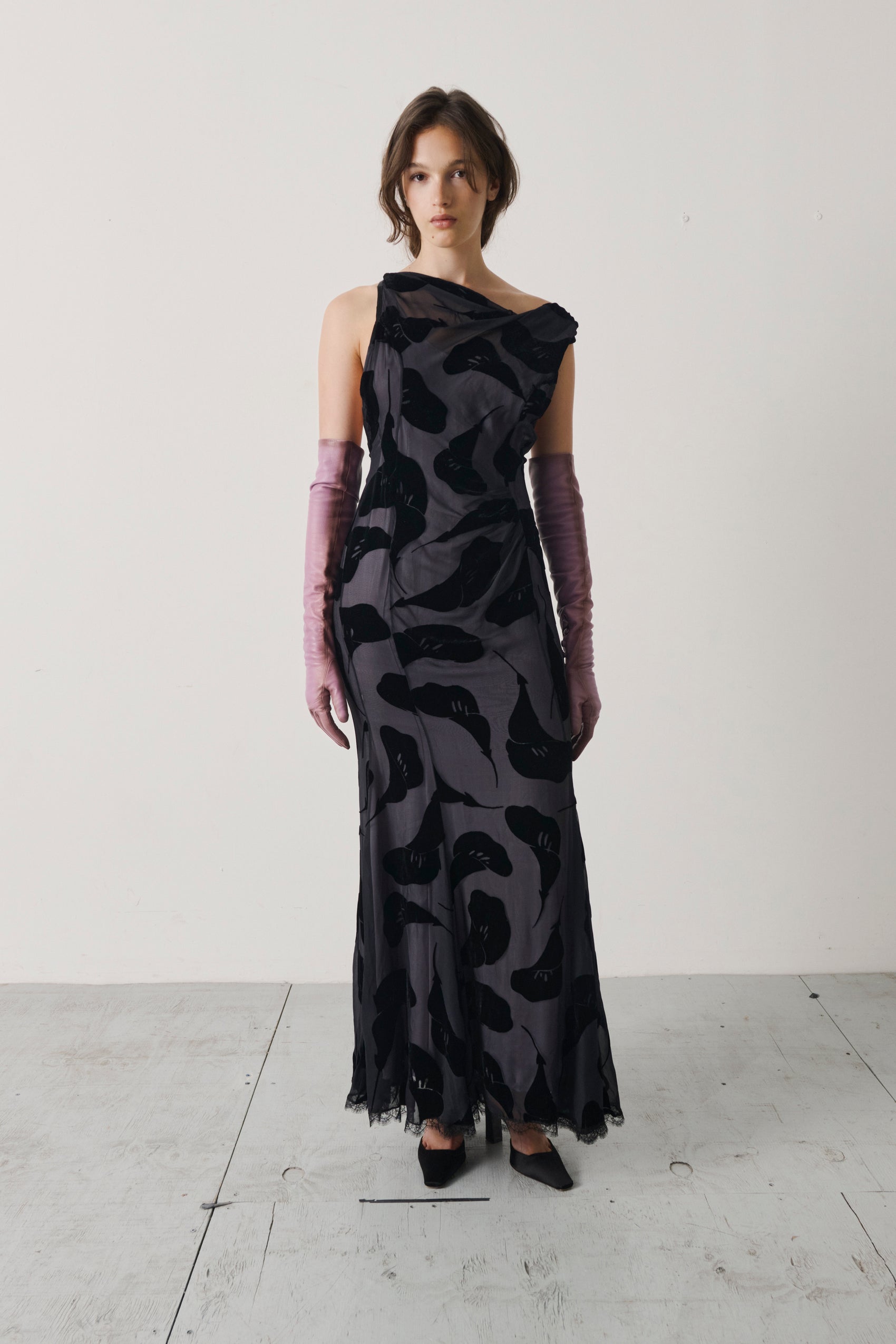 2011 Archival Nina Ricci Backless Leaf Motif Gown With Leather Gloves