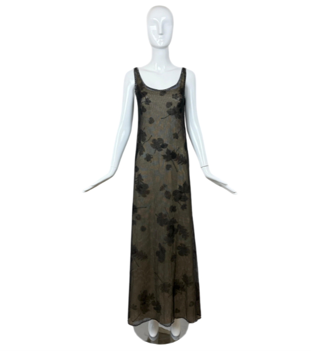 Prada 1999 Vintage Delicate Mesh Leaf Embellished Print Gown