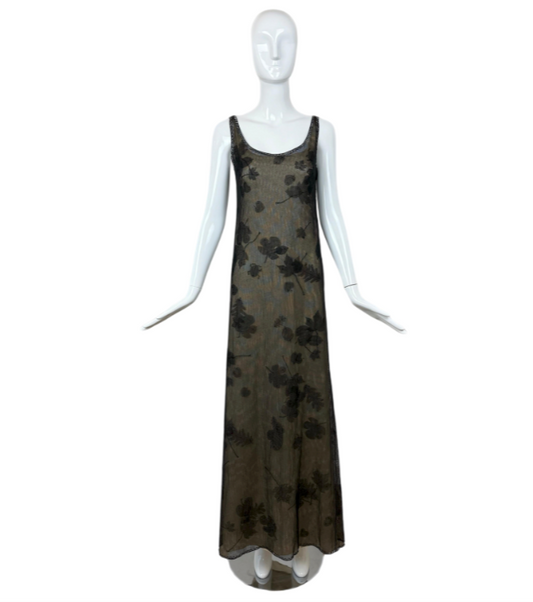 Prada 1999 Vintage Delicate Mesh Leaf Embellished Print Gown