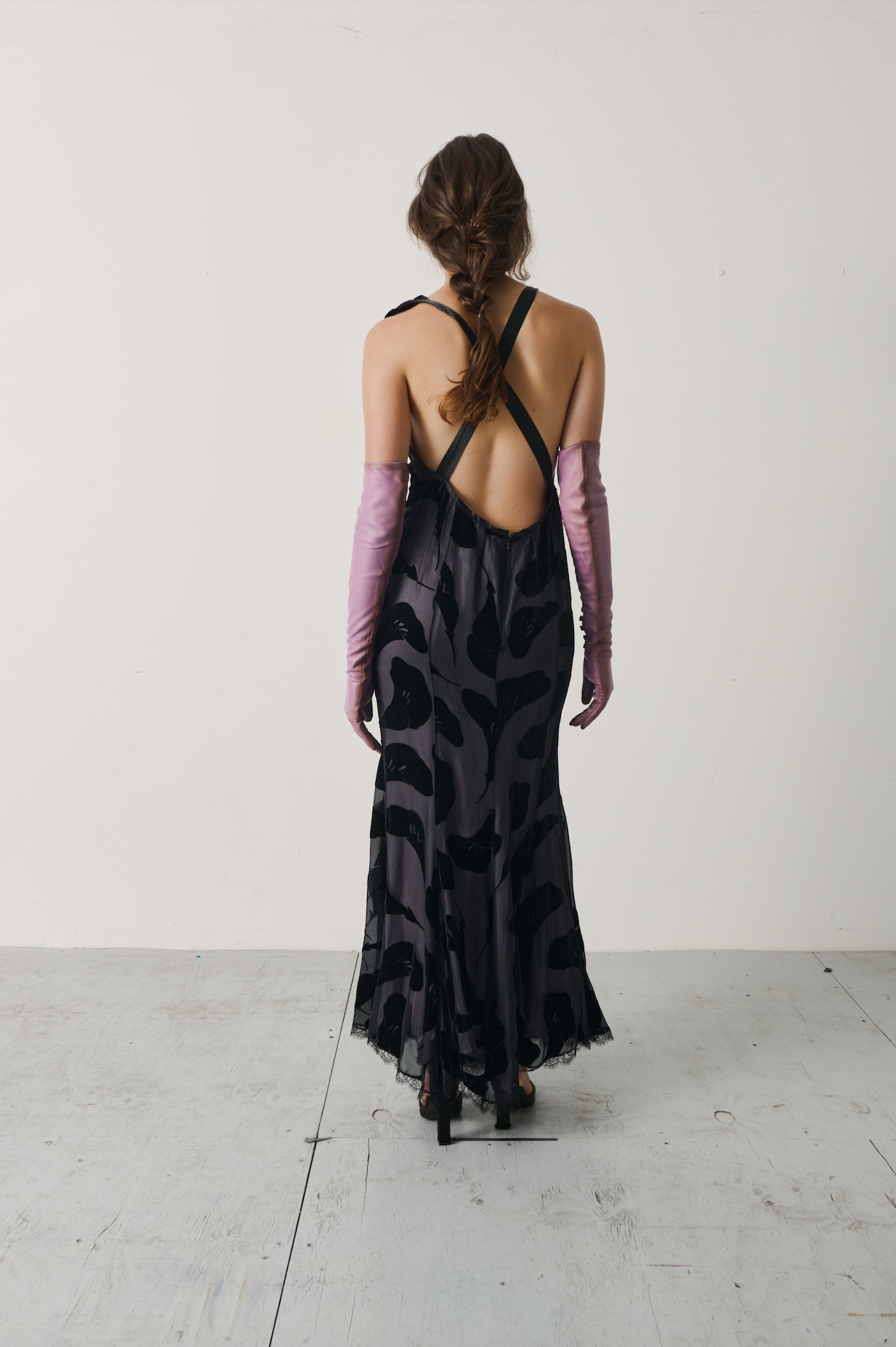 2011 Archival Nina Ricci Backless Leaf Motif Gown With Leather Gloves